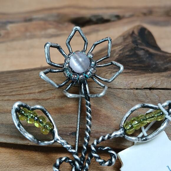 Lia Sophia Silver Tone Wire Flower Pin Brooch Pink Green Bead w/Orig Tag 90s Y2K - Picture 2 of 7